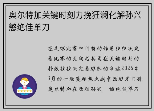 奥尔特加关键时刻力挽狂澜化解孙兴慜绝佳单刀